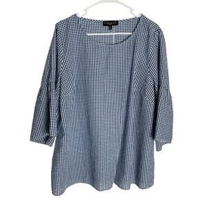 Como Black‎ Gingham Blouse Tunic Top Womens 2X Navy 3/4 Ruffle Sleeve Seersucker